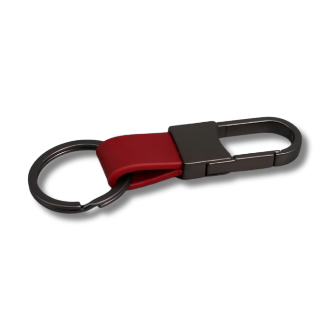 Karabiner Schlüsselbund aus Metall & Kunstleder, Schwarz/Rot, 8.2 cm