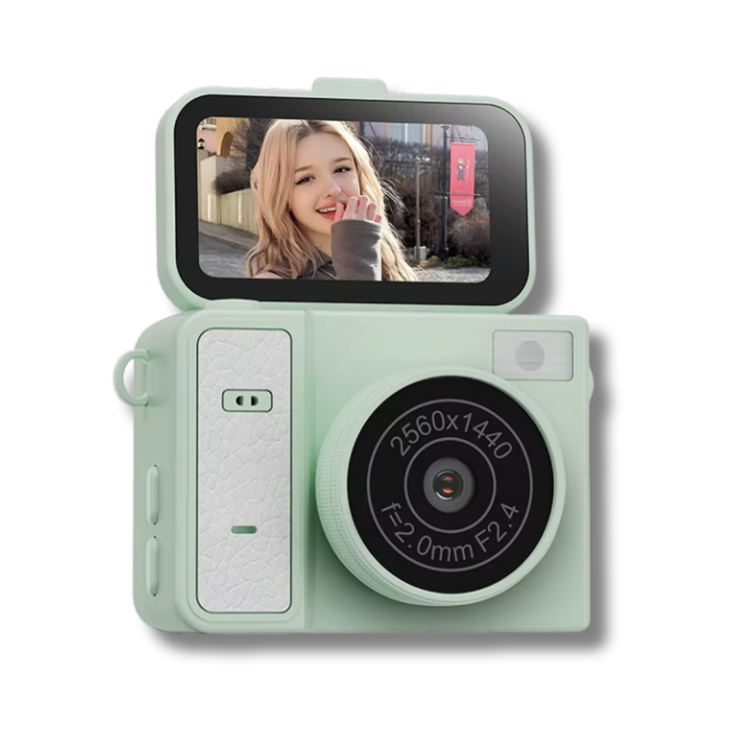 Mini Kamera Vibe Mini mit Flip-Display, inkl. PVC-Lederhalsband und Metallhalskette